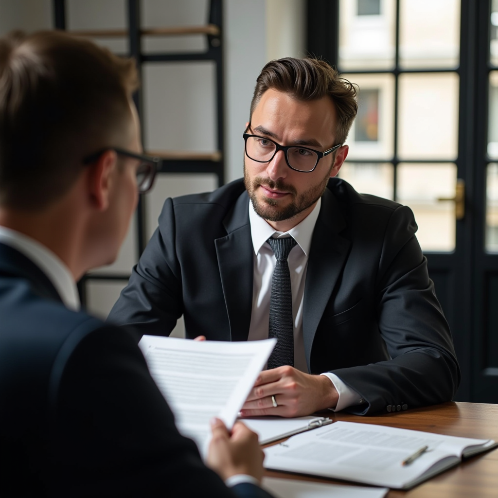 Avocat consultant un client sur les amendes routières, bureau professionnel avec documents légaux et code de la route français
