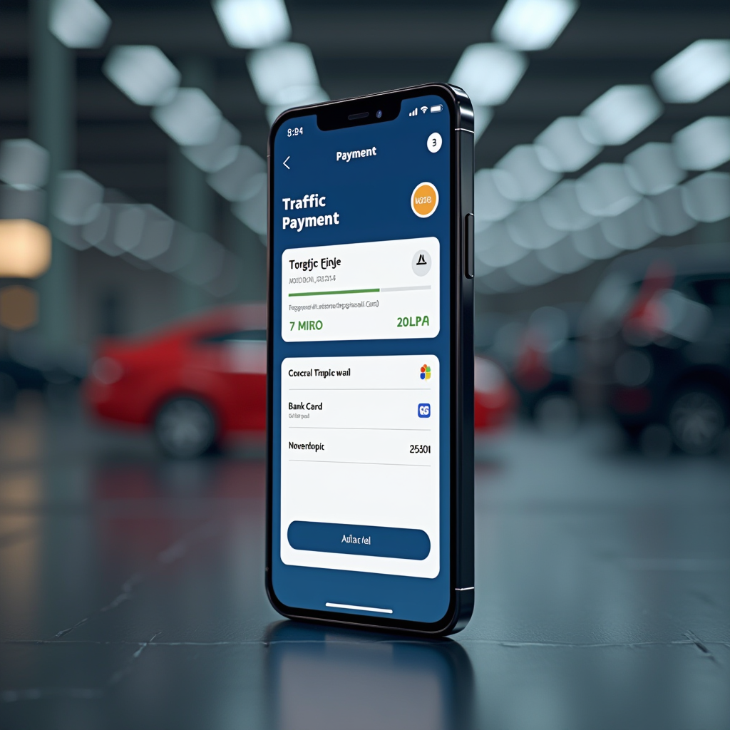 Interface moderne d'application mobile montrant un écran de paiement d'amende routière avec options de paiement sécurisées, carte bancaire et validation biométrique sur smartphone