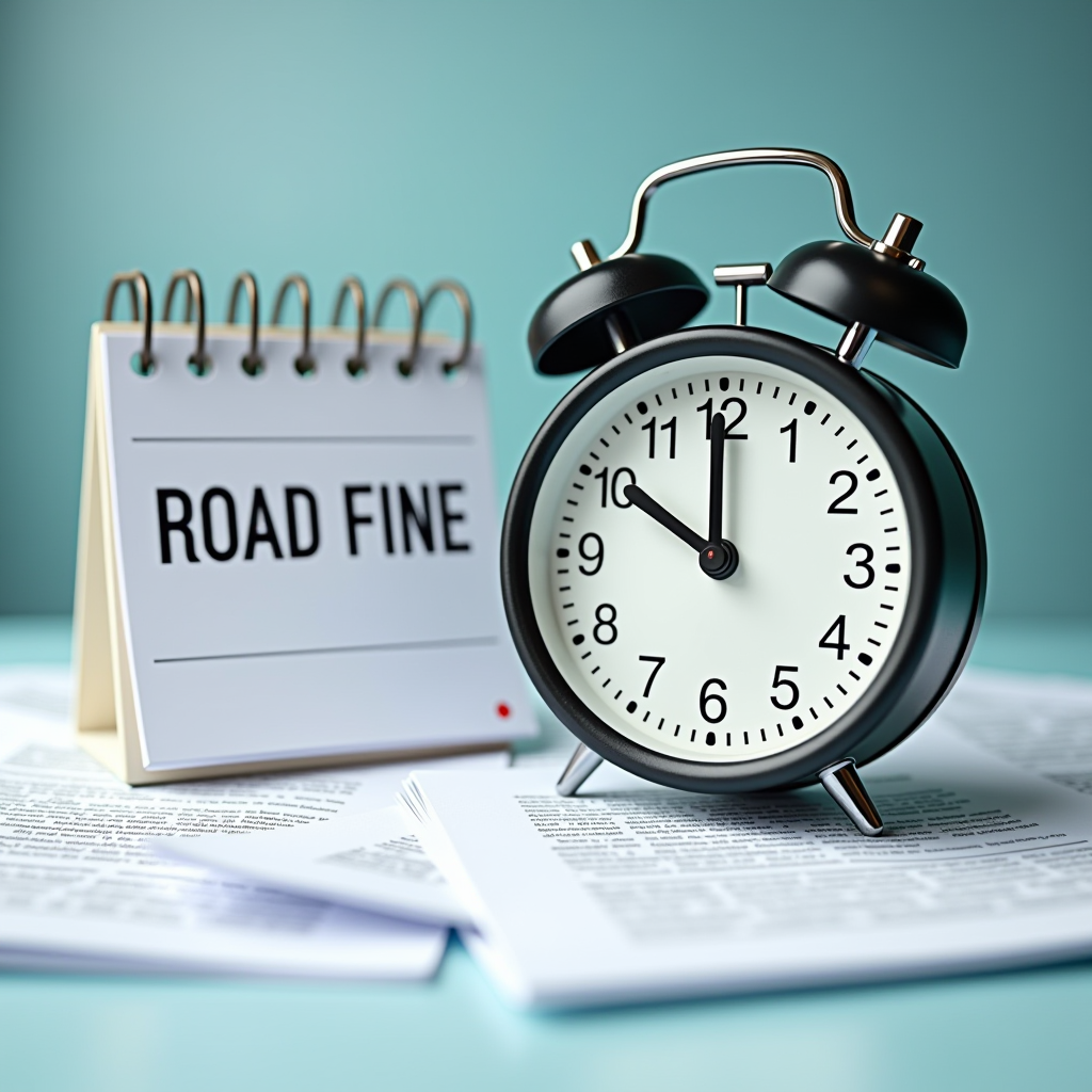 Calendrier et horloge symbolisant les délais de paiement des amendes routières avec documents officiels en arrière-plan