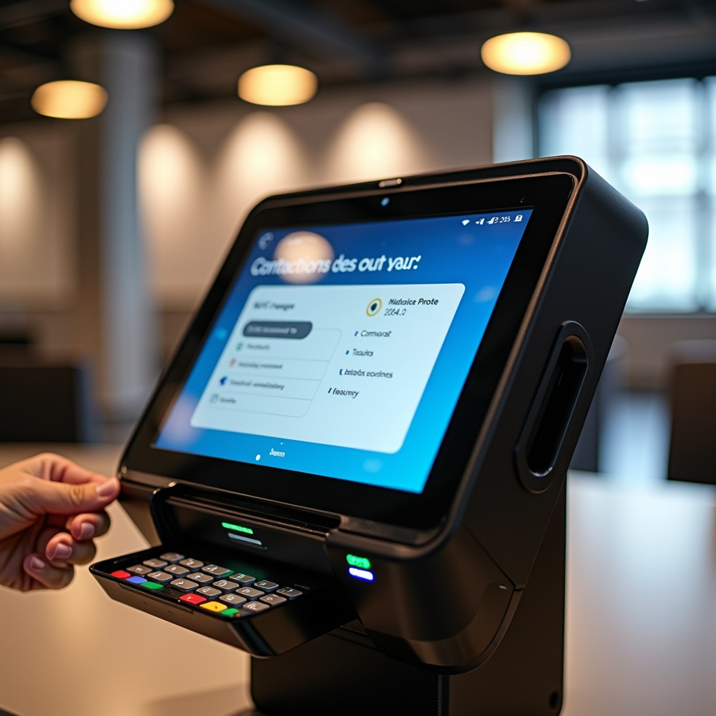 Terminal de paiement sans contact moderne dans un centre administratif français, montrant un lecteur de carte avec technologie NFC, écran tactile et interface utilisateur intuitive