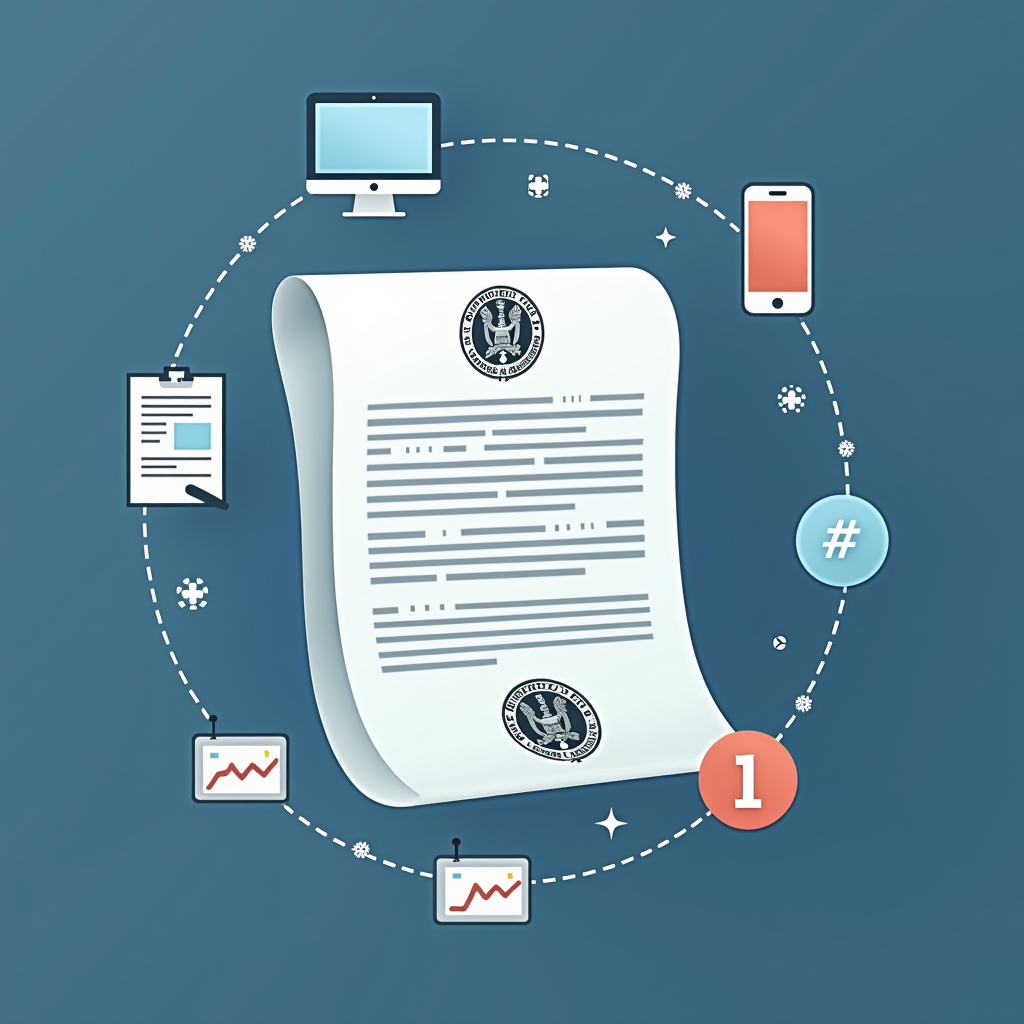 Représentation visuelle d'un document juridique français avec le sceau de la République, entouré d'icônes symbolisant la transition numérique : ordinateur, smartphone, et symboles de validation électronique